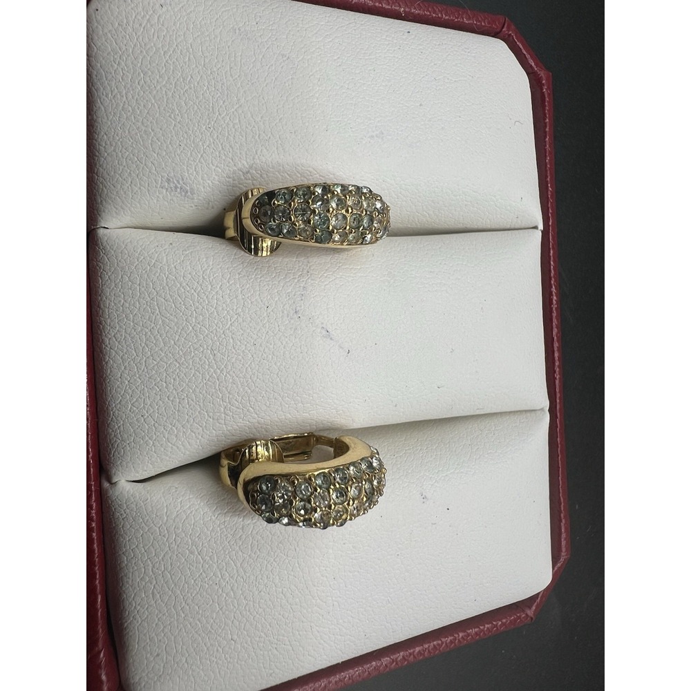 Vintage Christian Dior Gold Tone Rhinestone Clip On Hoop Earrings